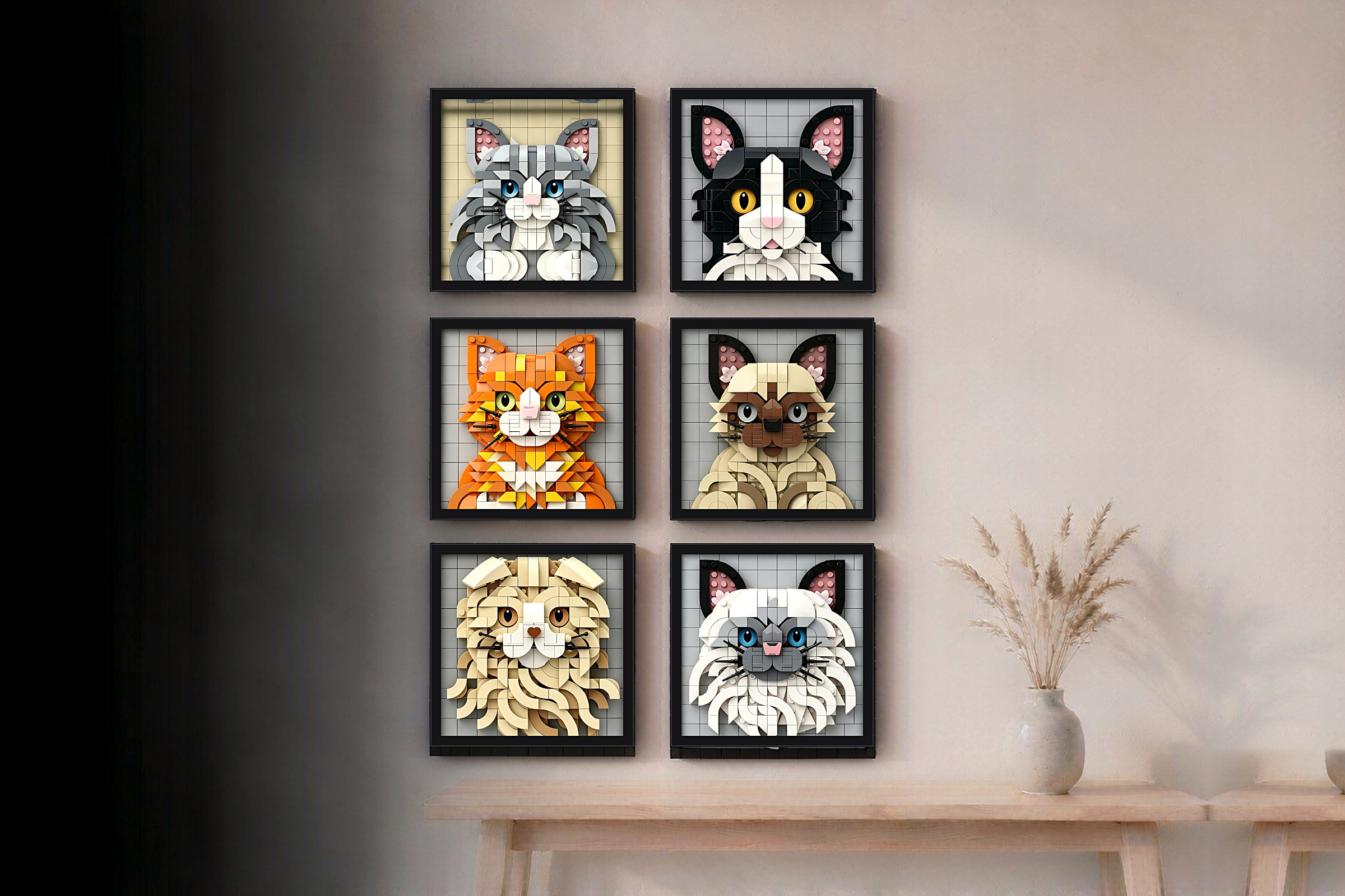 Six cat murals displayed together on one wall